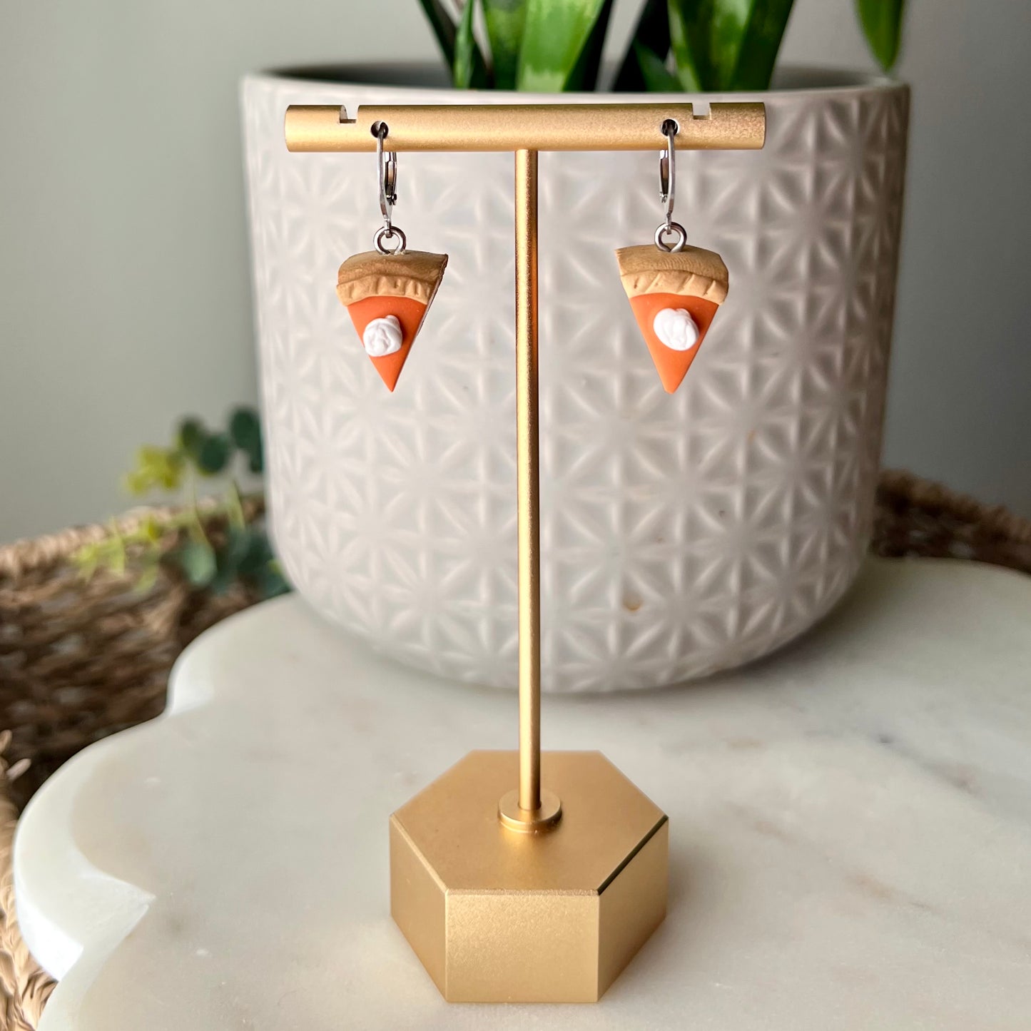 Pumpkin Pie Slice Polymer Clay Dangle Earrings with Round Leverback Stainless Steel Hooks, Fall Jewelry