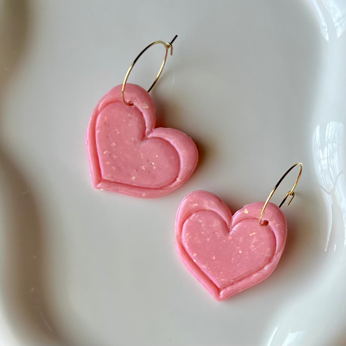 Polymer Clay Earrings - Pink Heart Hoop Dangles