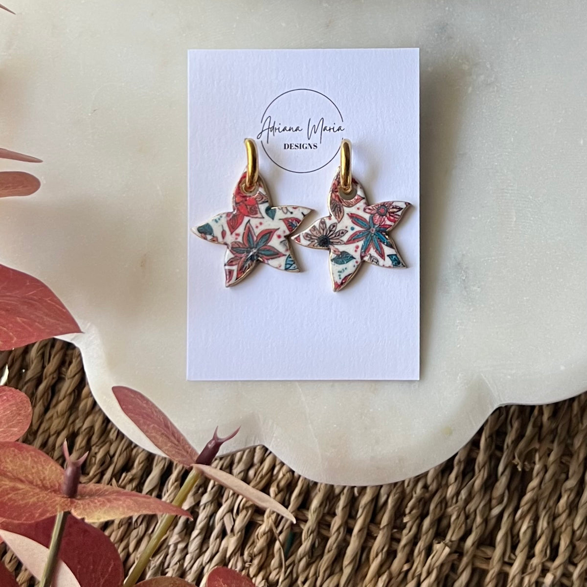 Festive Poinsettia Polymer Clay Earrings with stainless steel huggie hoops