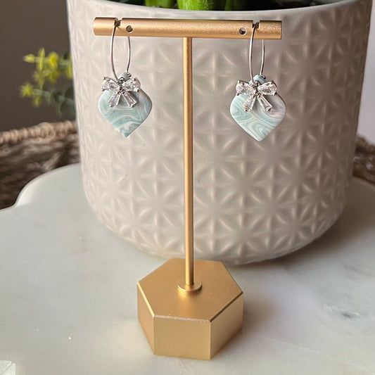 Soft Blue Seafoam Marbled Polymer Clay Earrings with CZ Bow