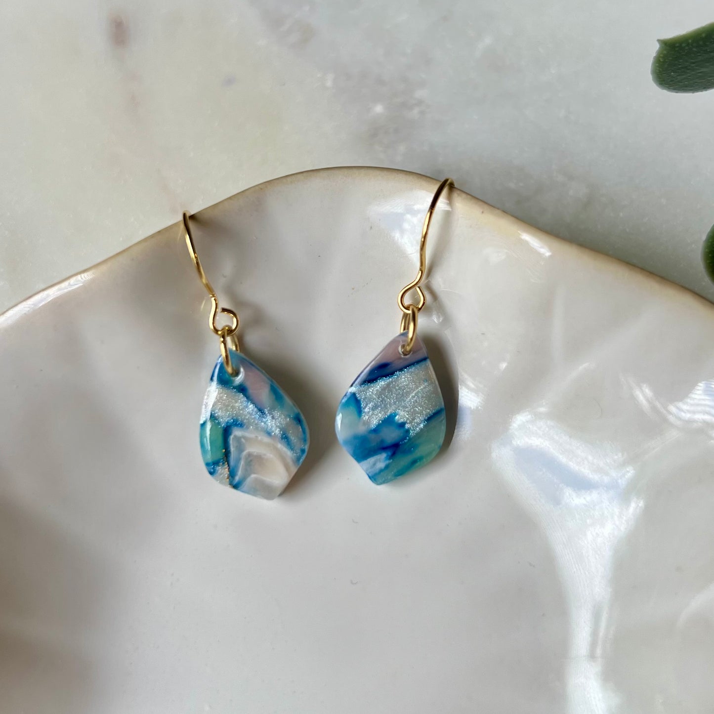 Dainty Coastal Blue Marbled Clay Earrings, Lightweight Dangles