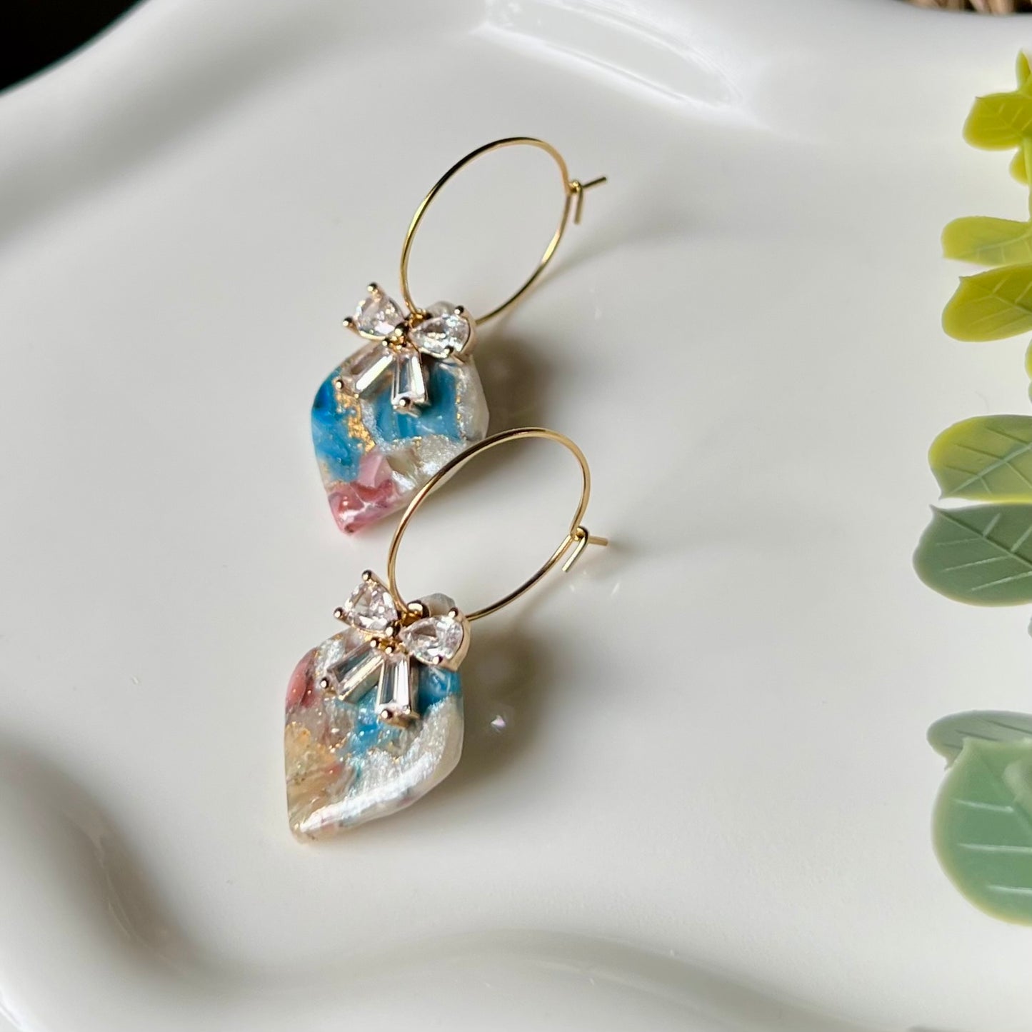 Marbled Polymer Clay Heart Dangle Earrings with CZ Bow on Gold Plated Hoops