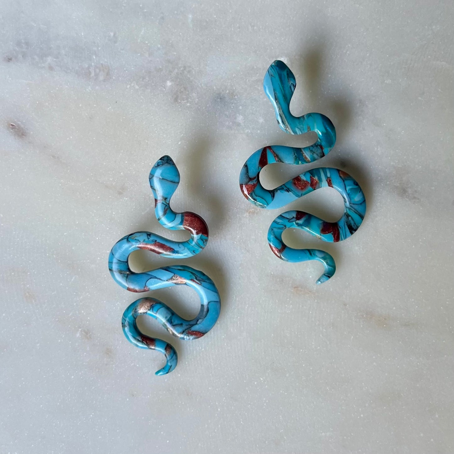 Turquoise Stone inspired Polymer Clay Snake Earrings with Stud Posts, lightweight, western style