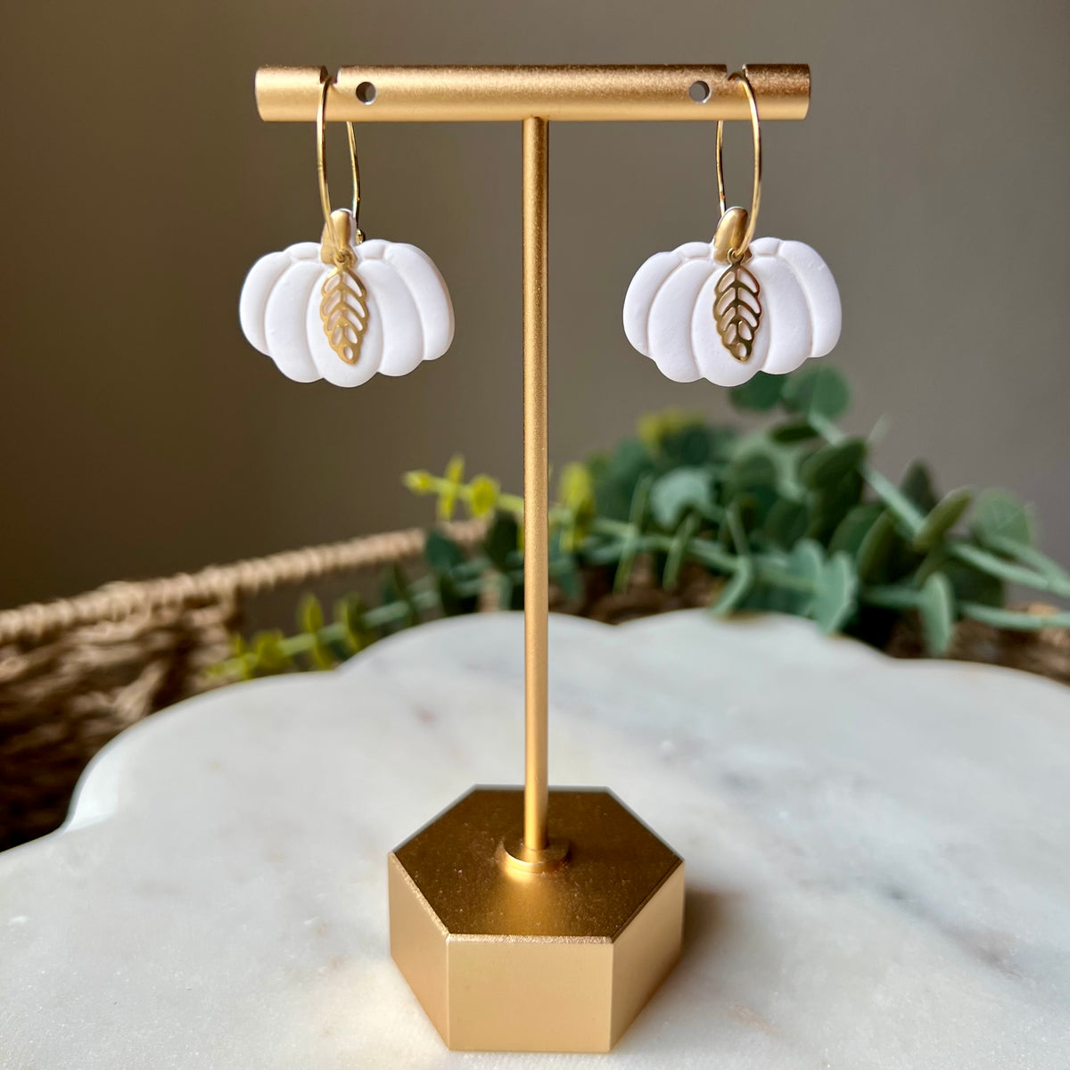 White Pumpkin Polymer Clay Hoop Earrings with Brass Leaf