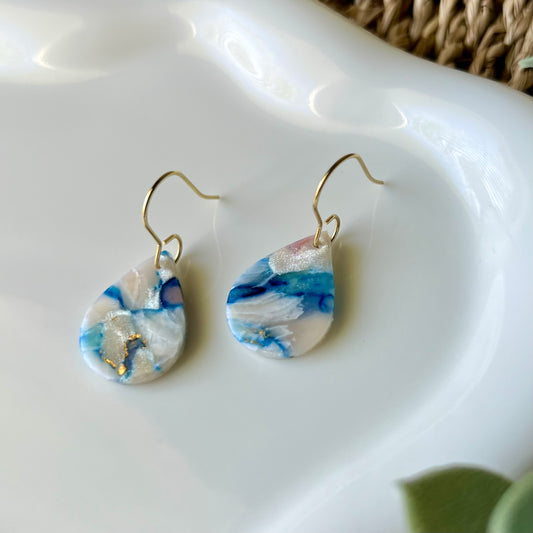 Coastal Blue Marbled Polymer Clay Dangle Earrings