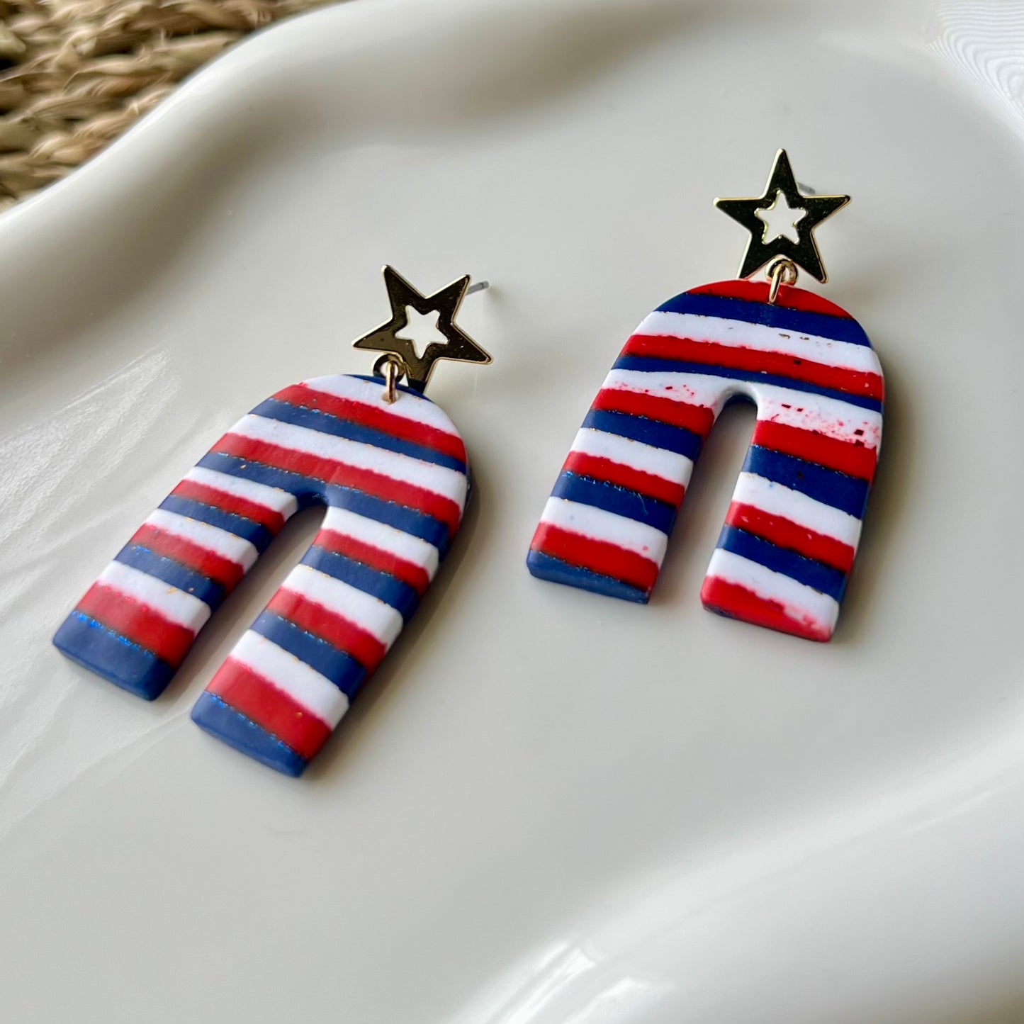 Red, Blue, and White Striped Arches Polymer Clay Dangle Earrings