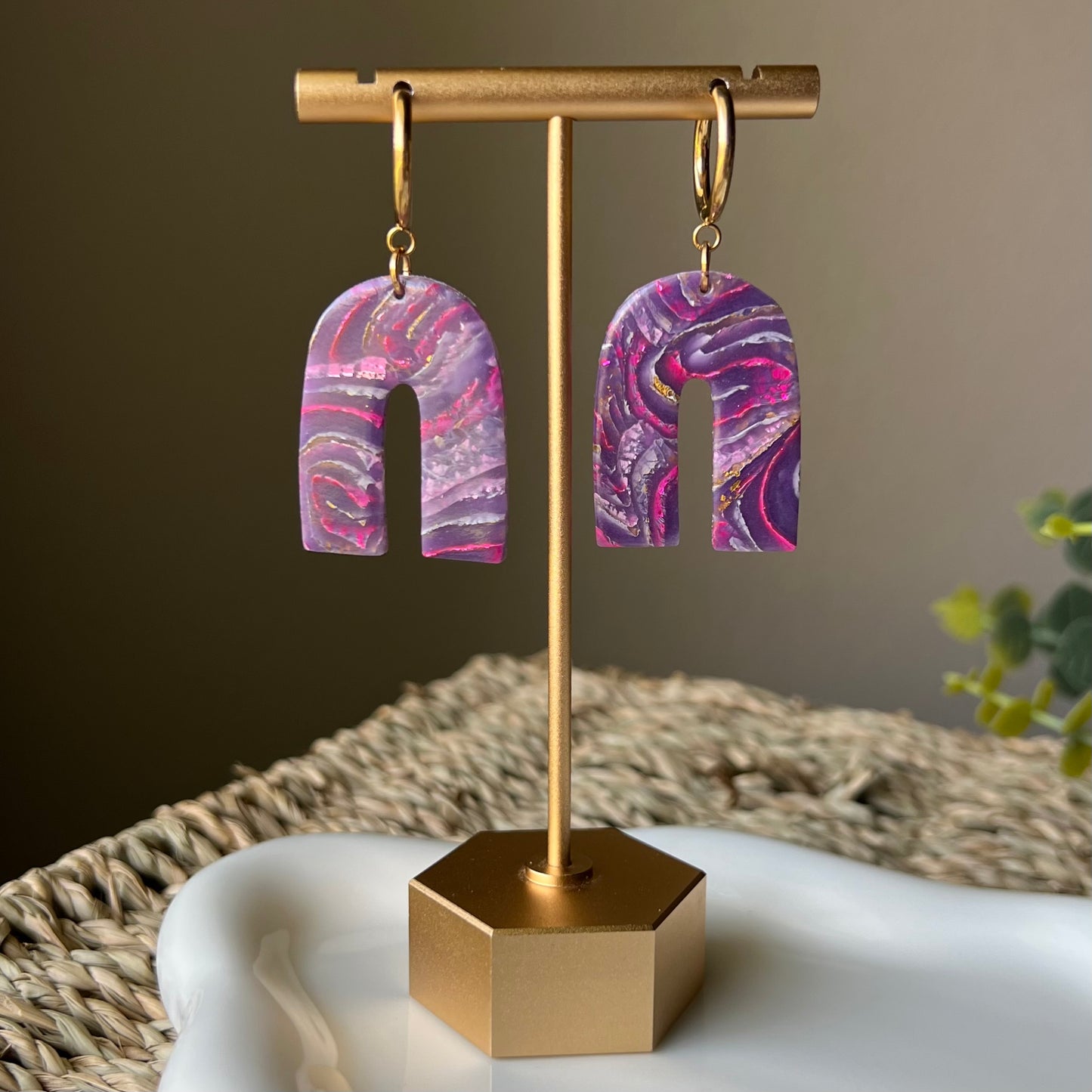 Dream In Purple: Agate Marbled Arch Polymer Clay Earrings
