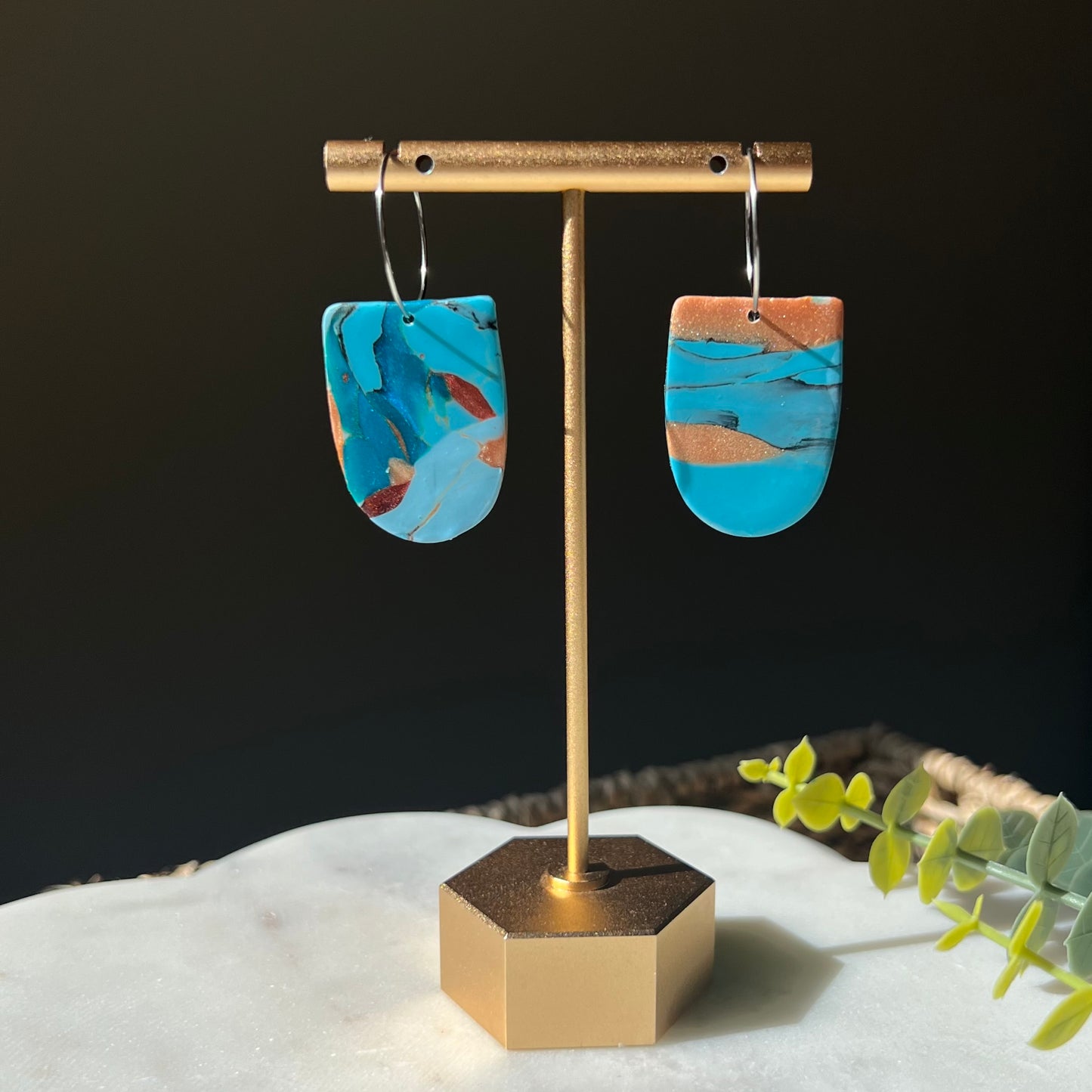 Turquoise Stone inspired Polymer Clay Earrings with Hoops, lightweight dangles, western style