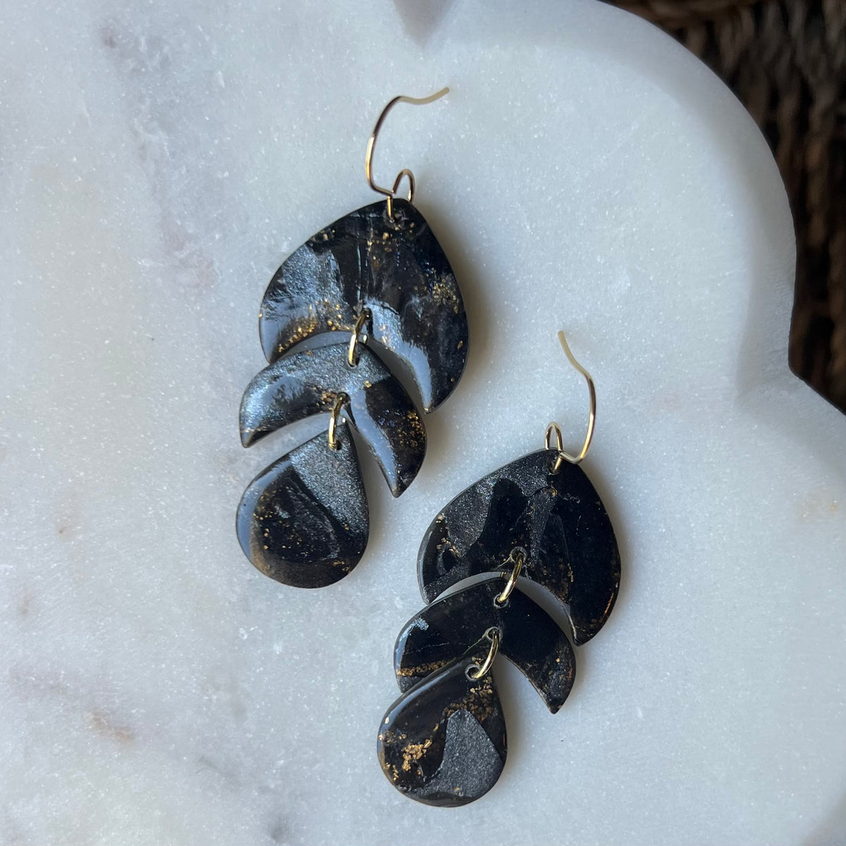 Black Marbled Polymer Clay Dangle Earrings