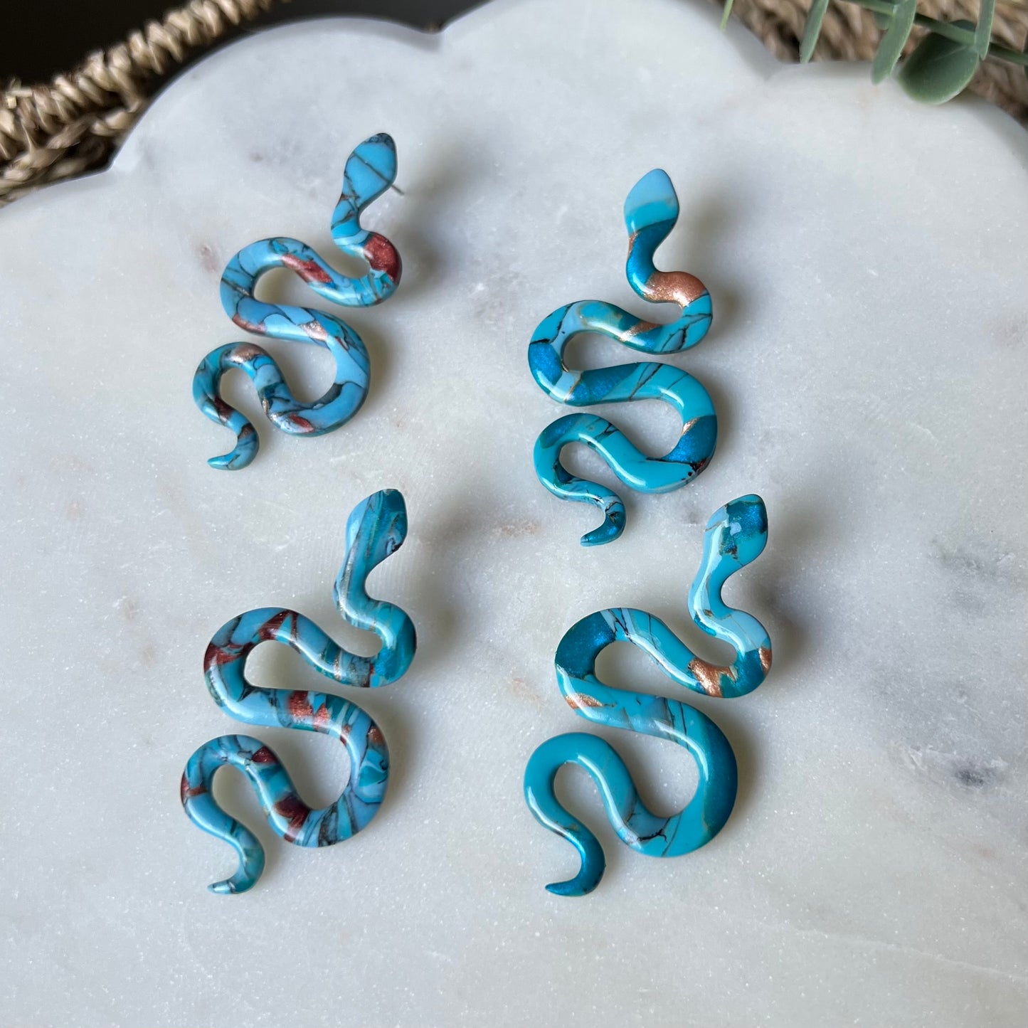 Turquoise Stone inspired Polymer Clay Snake Earrings with Stud Posts, lightweight, western style