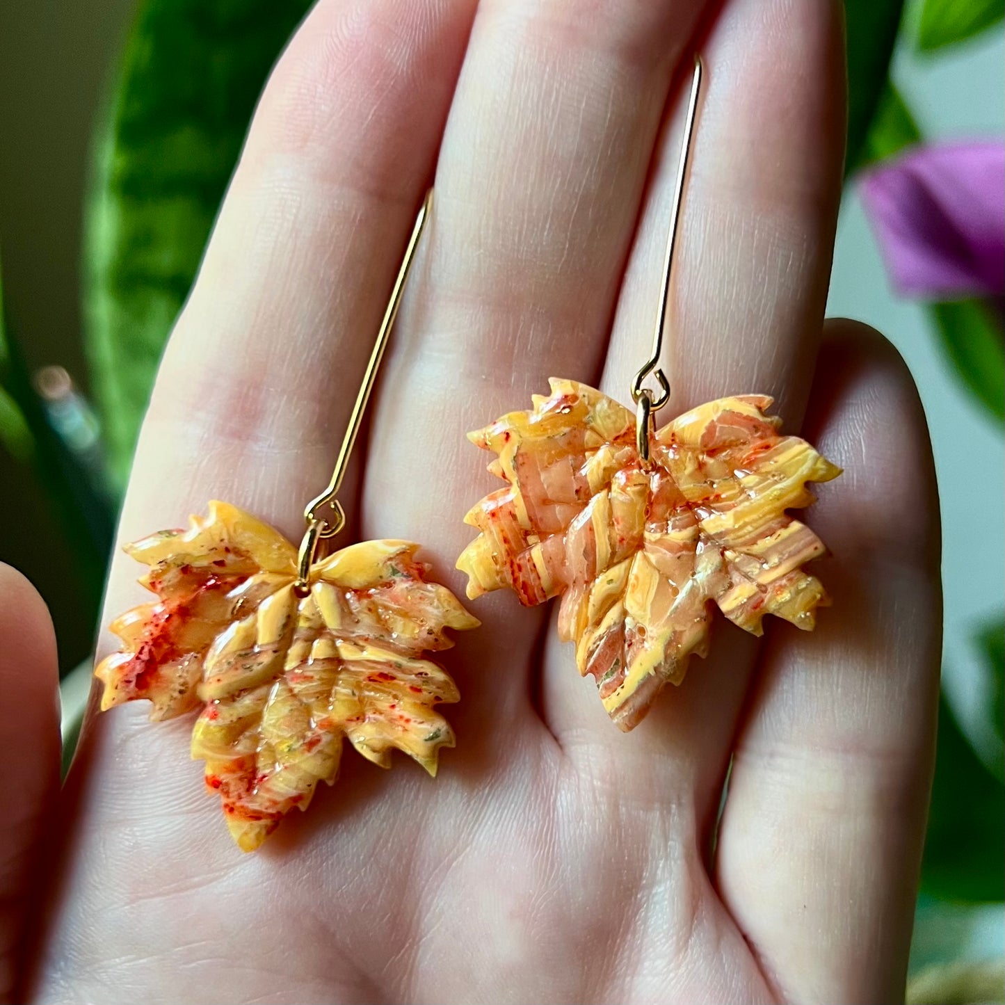 Golden Ember Maple Leaf Polymer Clay Dangle Earrings