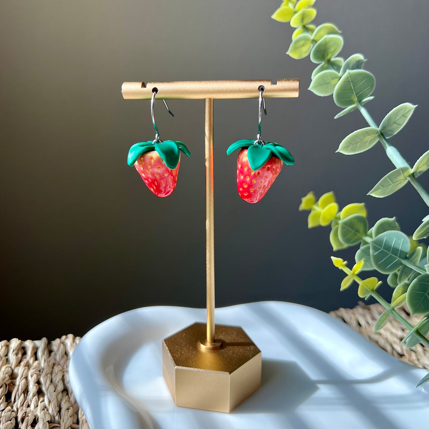 Red Strawberry Polymer Clay Dangle Earrings