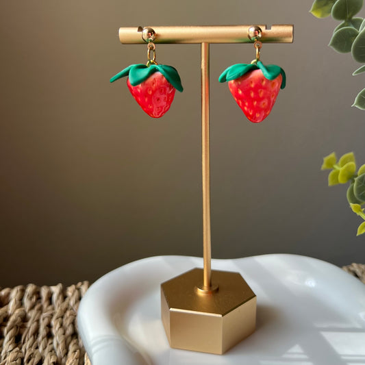 Mini Red Strawberry Polymer Clay Dangle Earrings