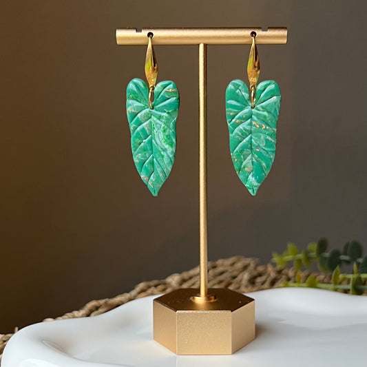 Green Marbled Anthurium Leaf Polymer Clay Earrings, Lightweight Dangles