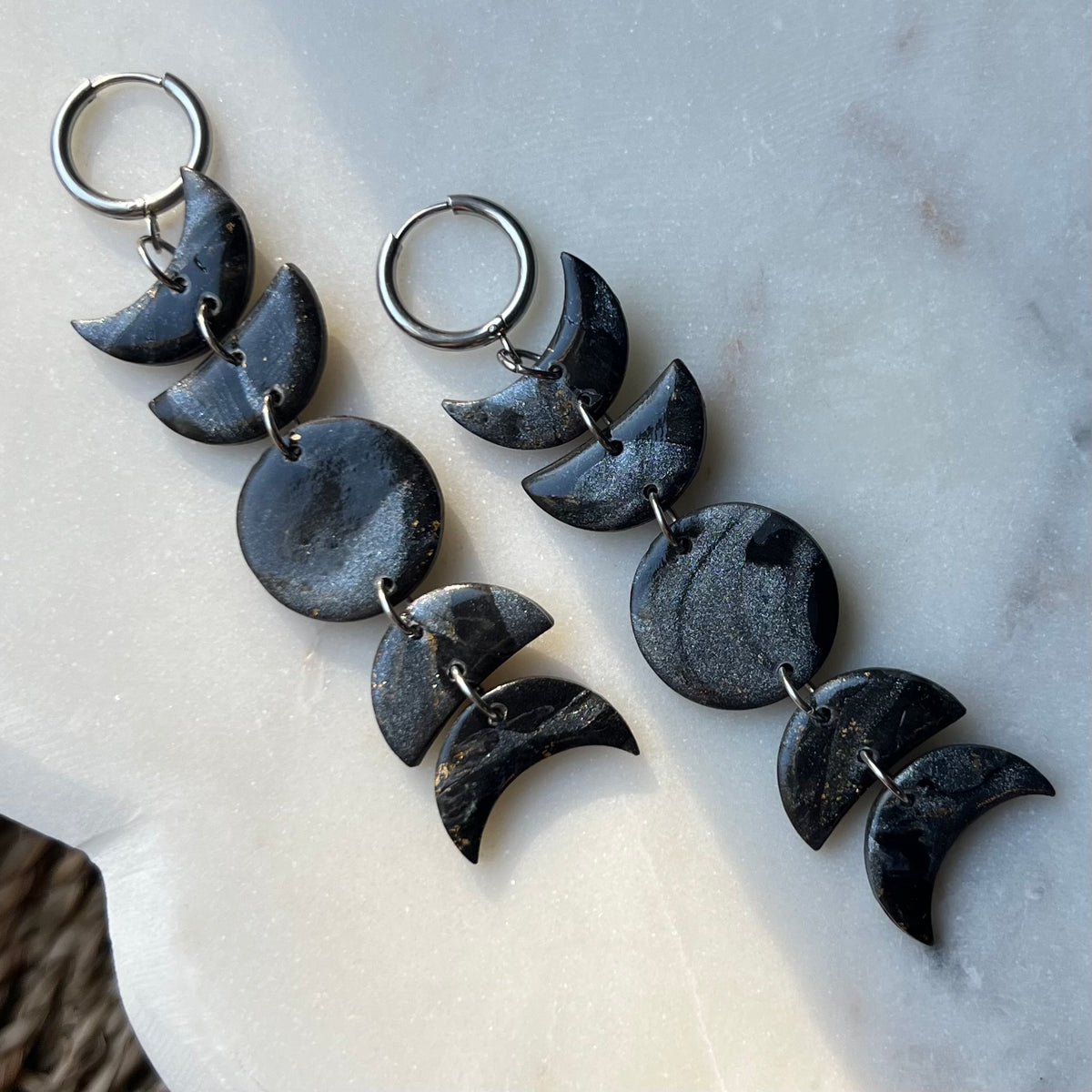 Black Marbled Moon Phase Polymer Clay Dangle Earrings