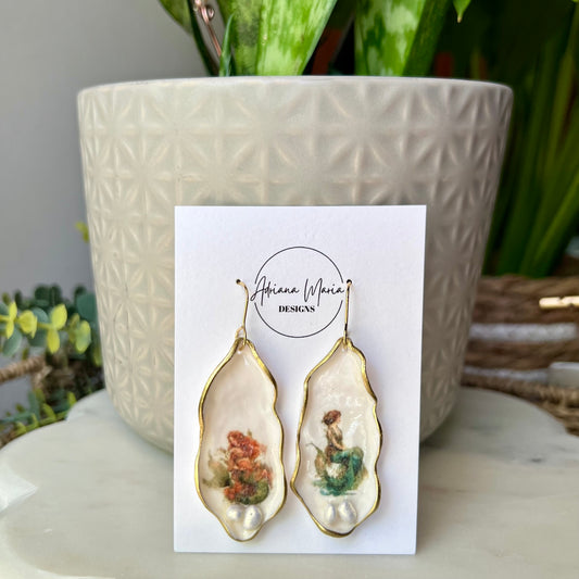 Oyster Clay Earrings with Whimsical Mermaid Print, Lightweight Dangles