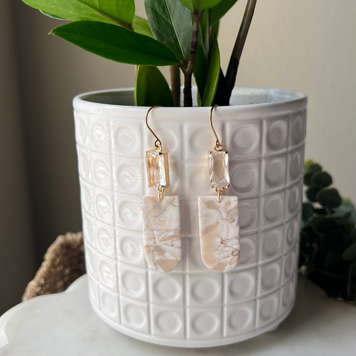 Ivory Pearl Marble Closed Arch Polymer Clay Statement Earrings