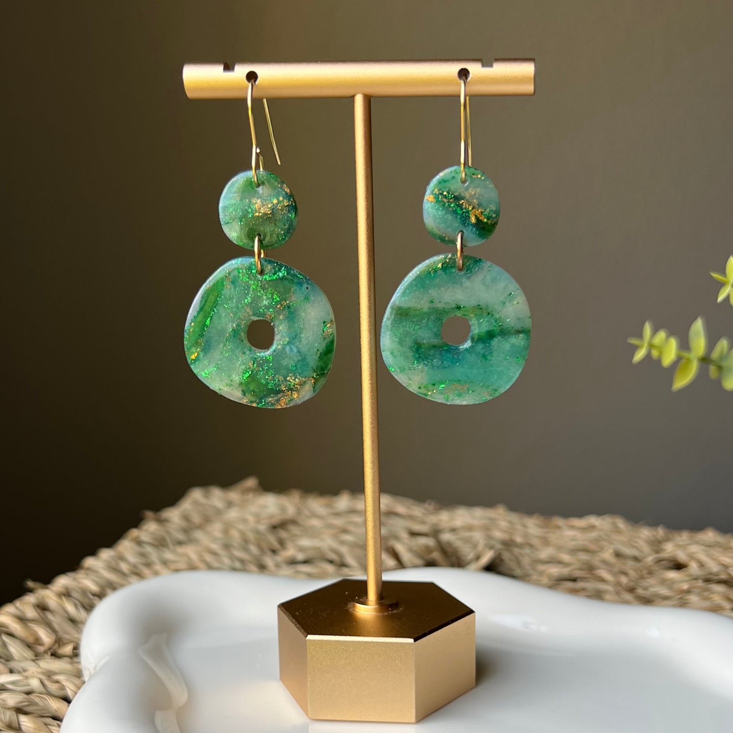 Green Marbled Organic Circle Polymer Clay Earrings