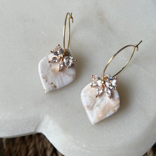 Ivory Pearl Marble Polymer Clay Earrings with CZ Bows