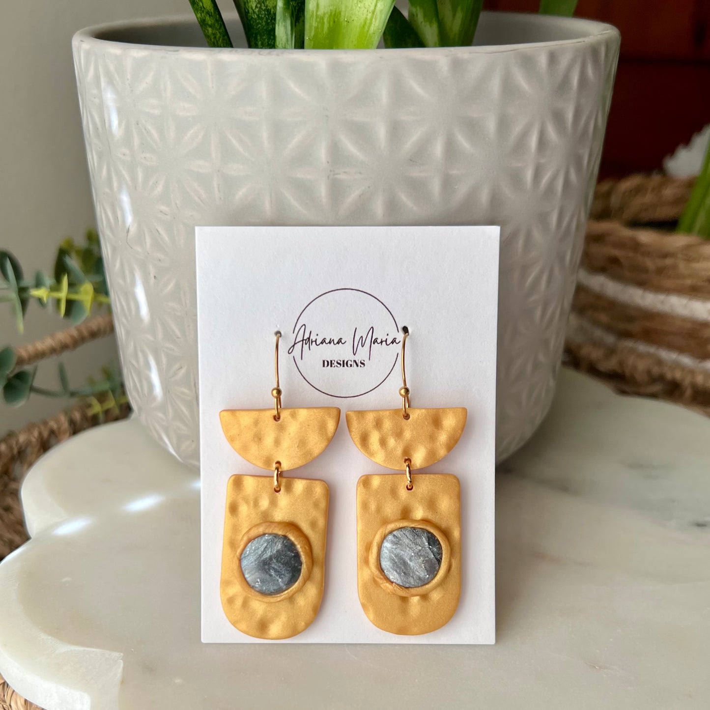 Polymer Clay Earrings - Faux Metal Gold Clay & Silver Marbled Bezel Dangles