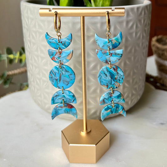 Turquoise Stone Moon Phase Polymer Clay Earrings, Huggie Hoops