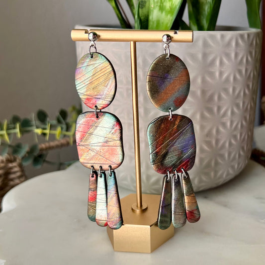 Mystic Alloy Statement Earrings, Lightweight Polymer Clay Dangles