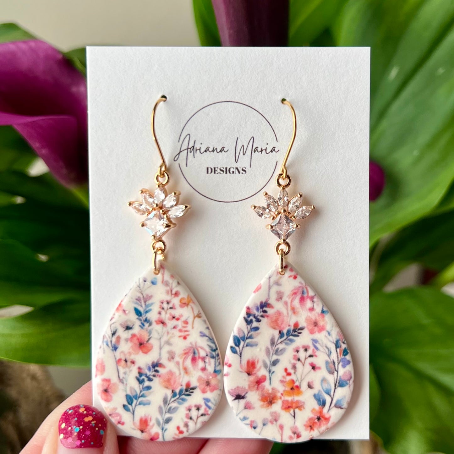 Wildflower Bloom Polymer Clay Statement Dangle Earrings with Cubic Zirconia | Gold