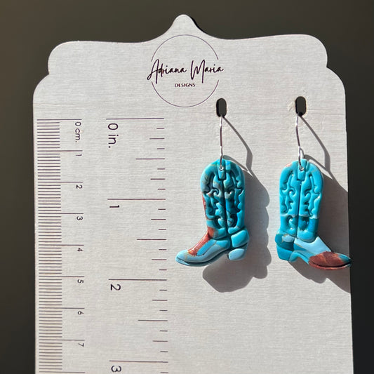 Turquoise Stone inspired Cowboy Boots Polymer Clay Earrings, lightweight dangles, western style