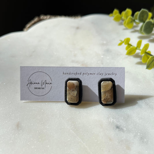 Neutral Sandstone Marbled Square Bezel Polymer Clay Stud Earrings