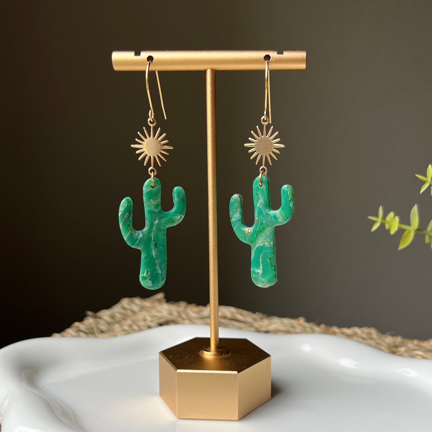 Green Marbled Cactus & Sunburst Polymer Clay Earrings