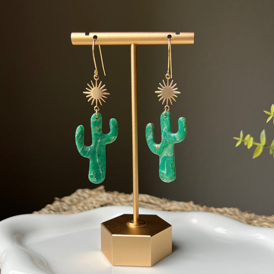 Green Marbled Cactus & Sunburst Polymer Clay Earrings