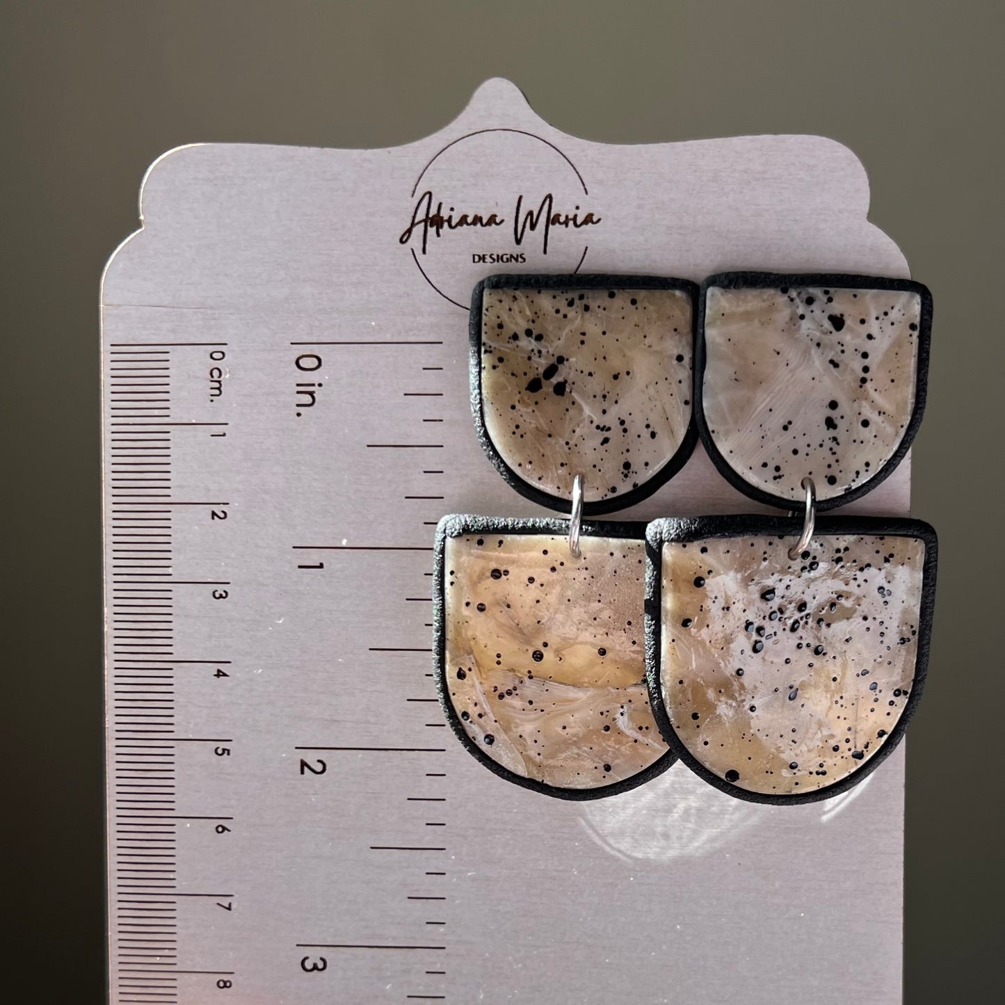Neutral Marbled Organic Stone Polymer Clay Earrings – Black Speckled Lightweight Statement Dangles