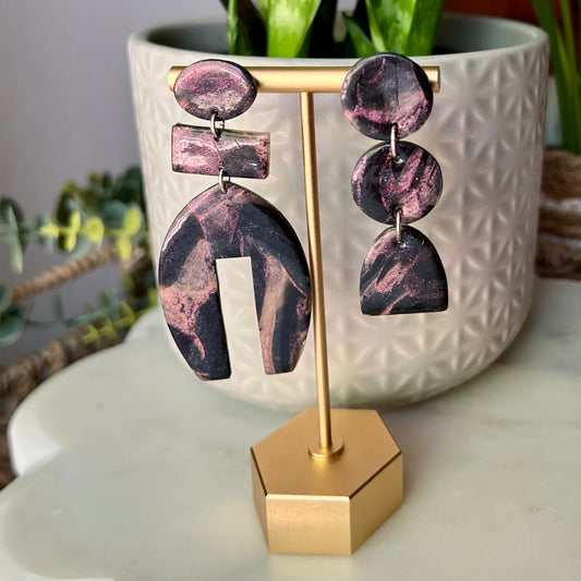 Polymer Clay Earrings - Midnight Magic: Asymmetrical Black & Purple Marbled Statement Dangles