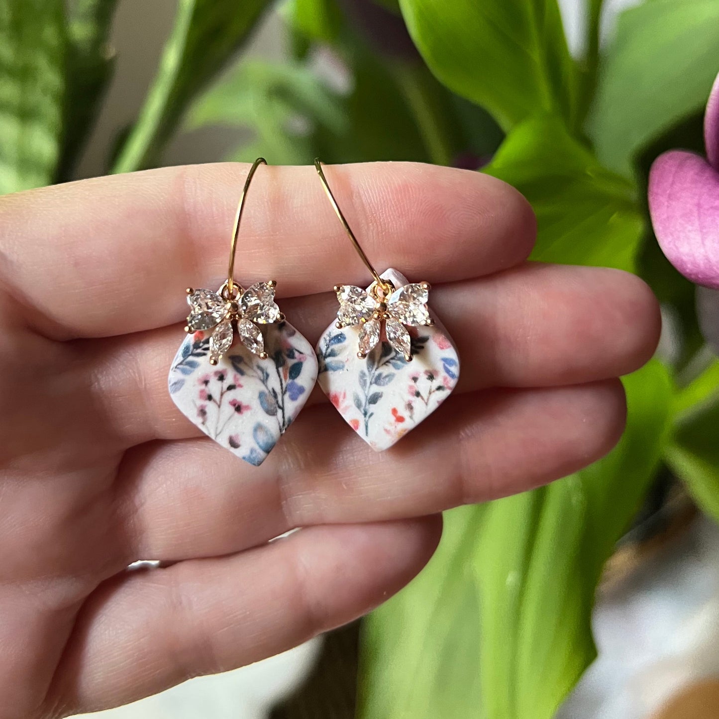 Wildflower Bloom Polymer Clay Earrings with Cubic Zirconia Bow | Gold