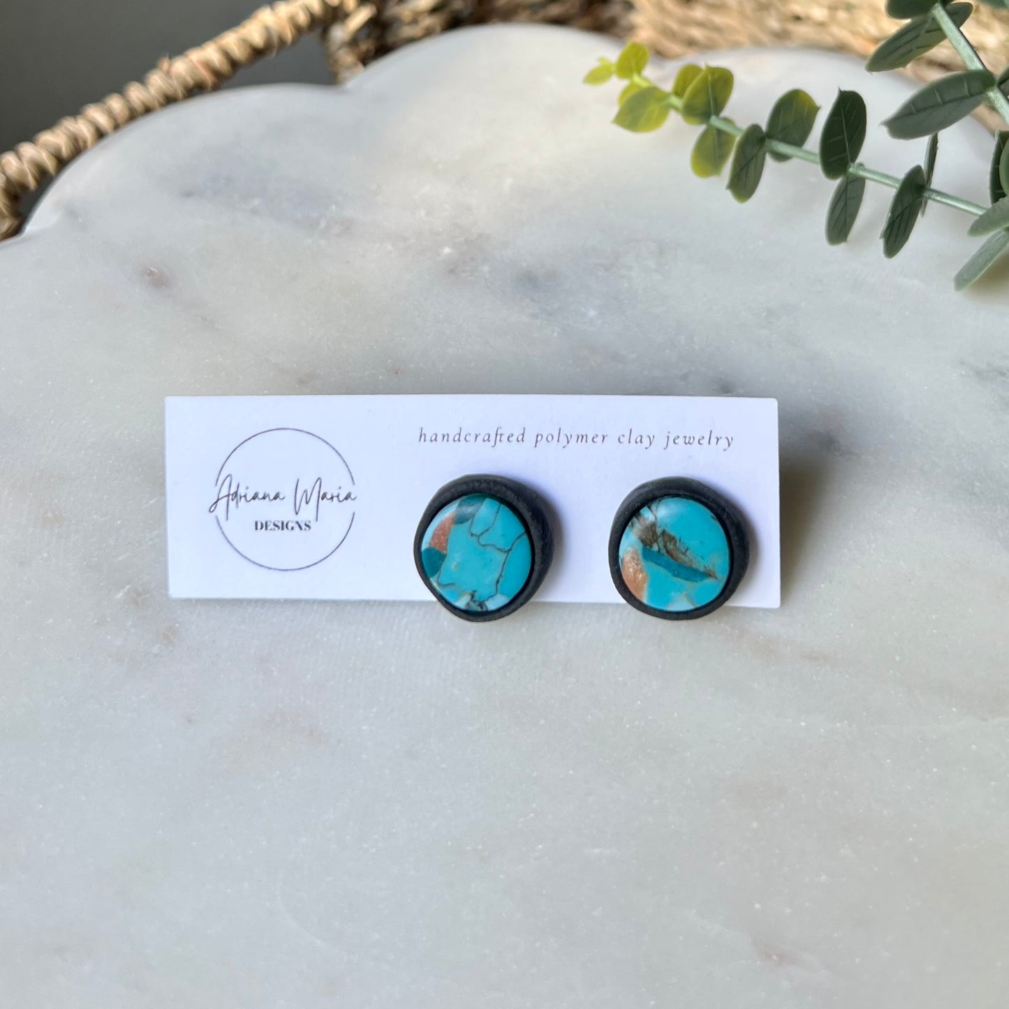 Turquoise Stone inspired Polymer Clay Bezel Stud Earrings, lightweight, western style