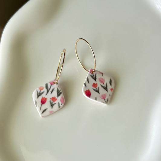 Tulip Print Polymer Clay Hoop Earrings