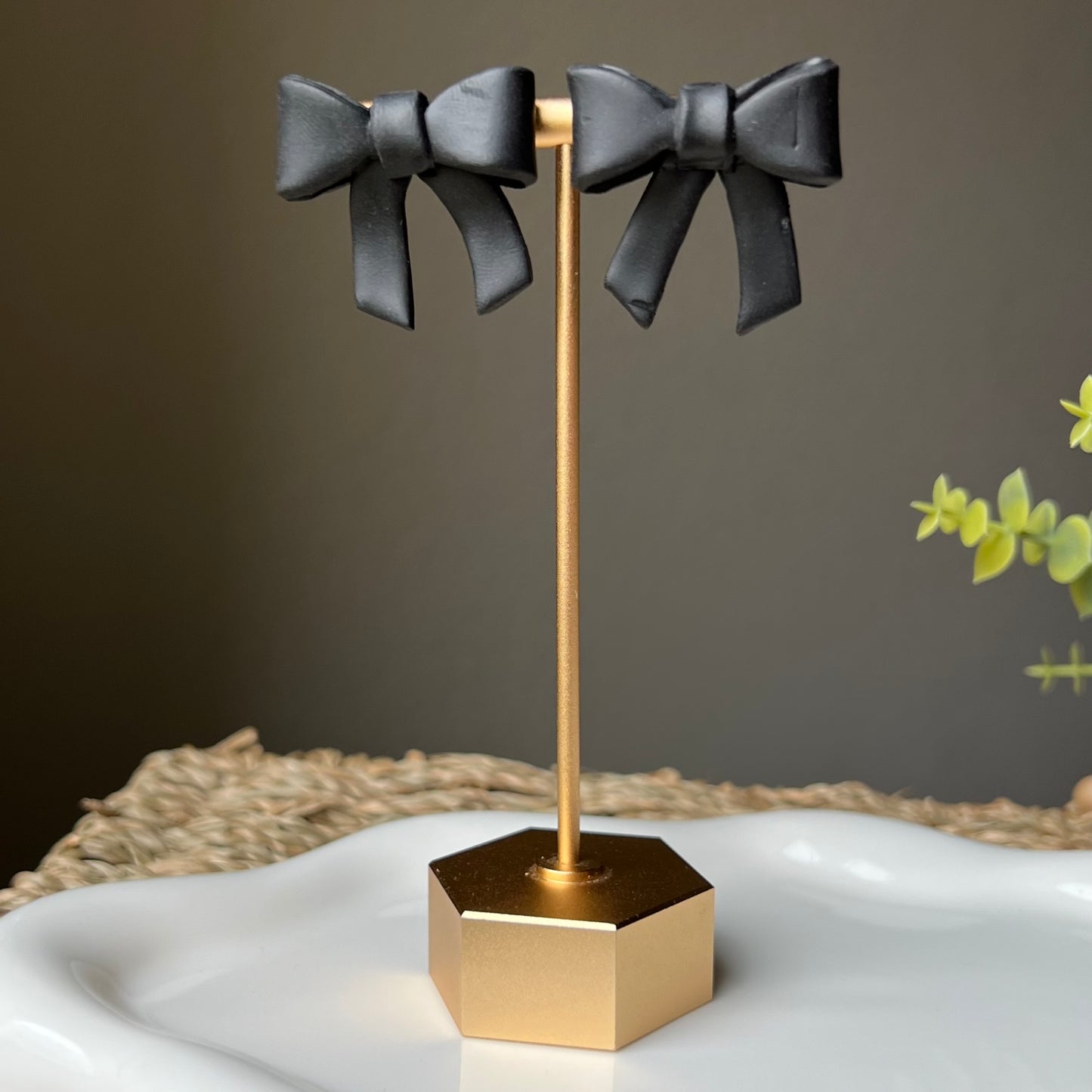 Polymer Clay Earrings - Large Black Bow Lightweight Studs
