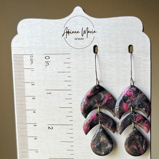Polymer Clay Earrings - Black & Purple Marbled Statement Dangles