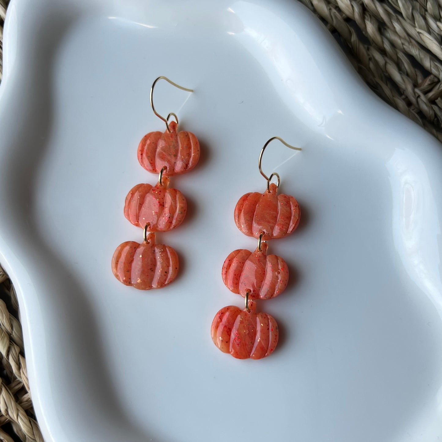 Orange Marbled Triple Pumpkin Polymer Clay Dangle Earrings