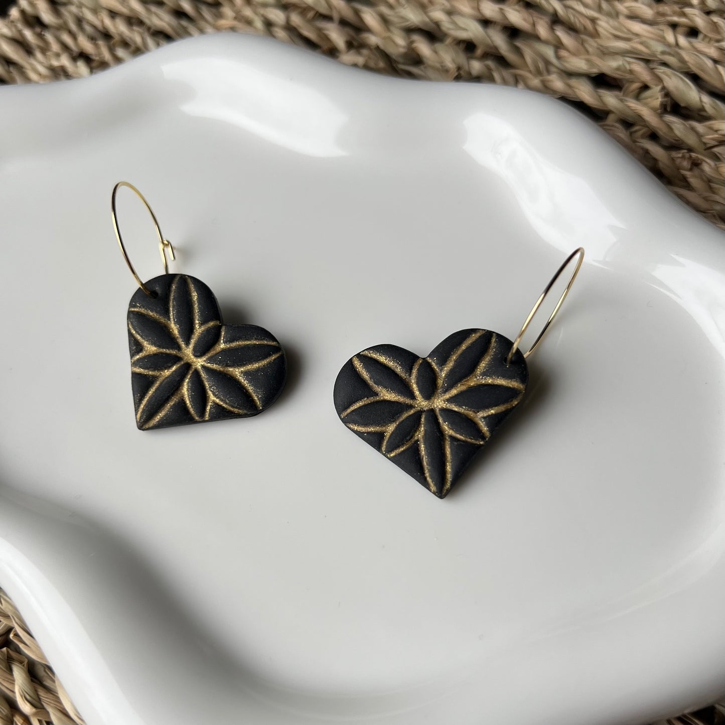 Black & Gold Heart Clay Hoop Earrings