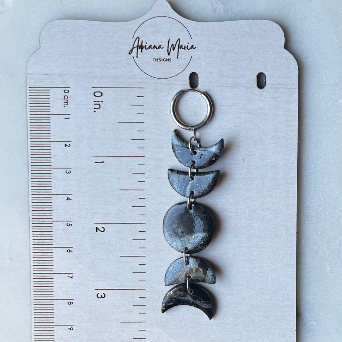 Black Marbled Moon Phase Polymer Clay Dangle Earrings