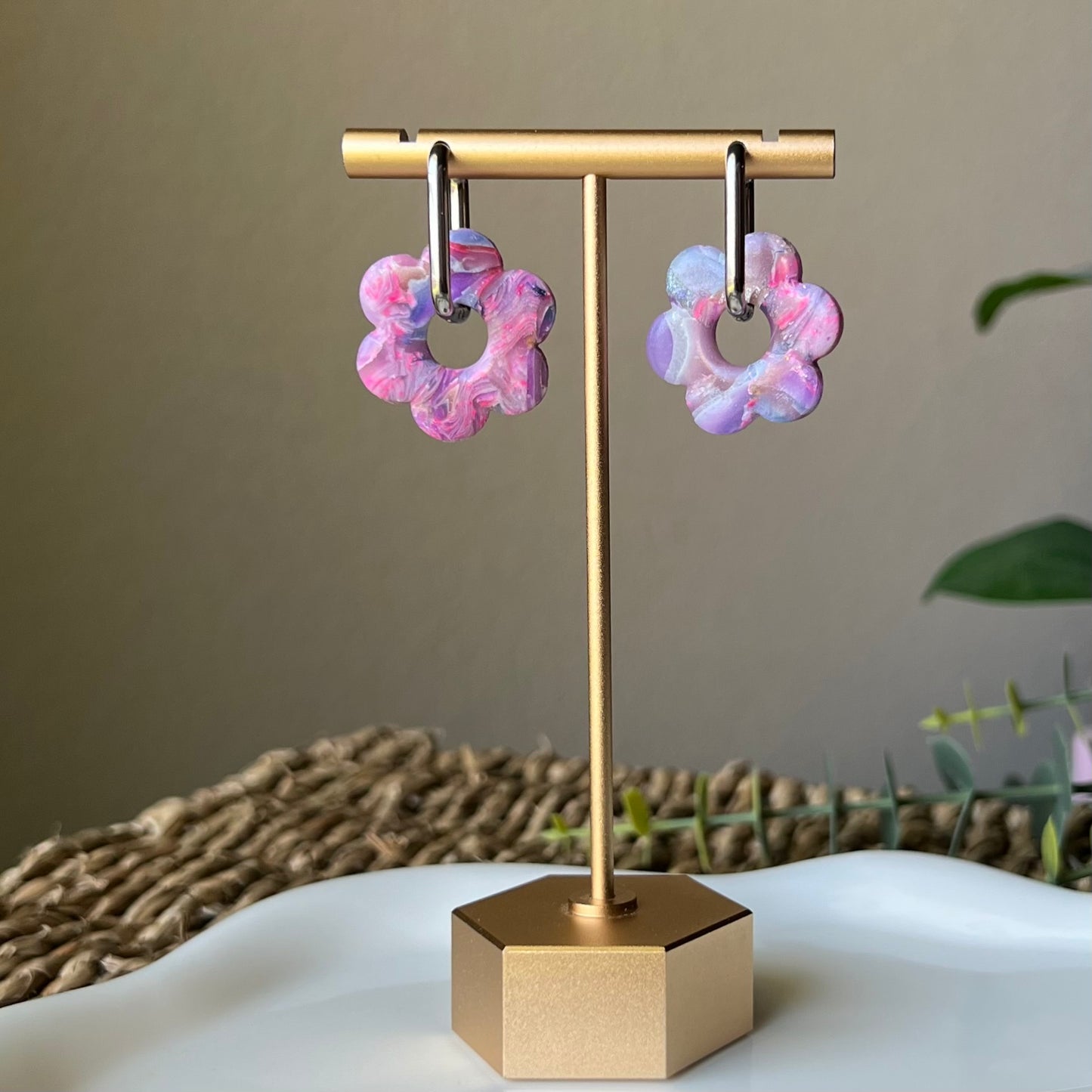 Retro Flower Polymer Clay Huggie Hoop Earrings