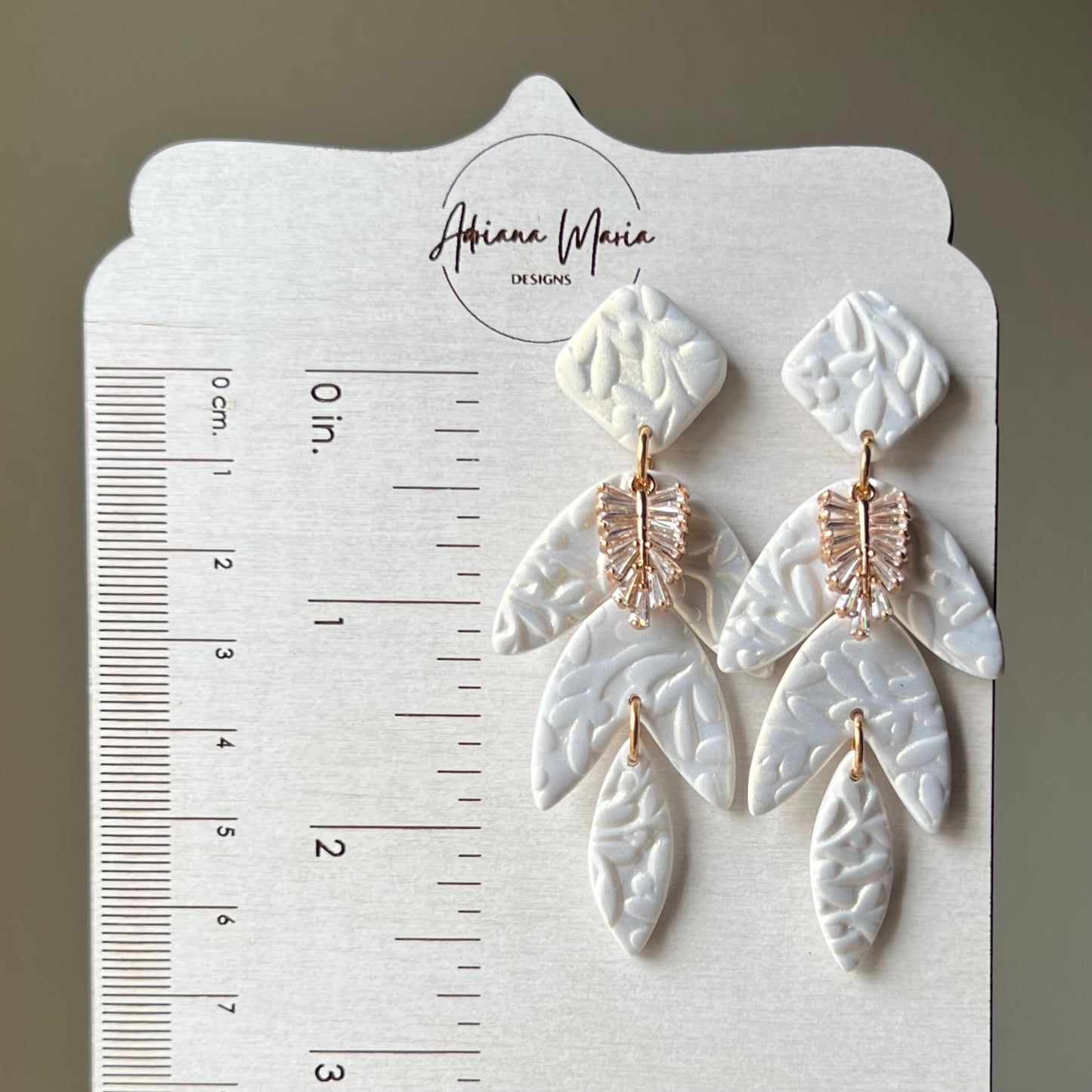 Bridal Collection: Pearly White Floral Textured Foliage Polymer Clay Earrings