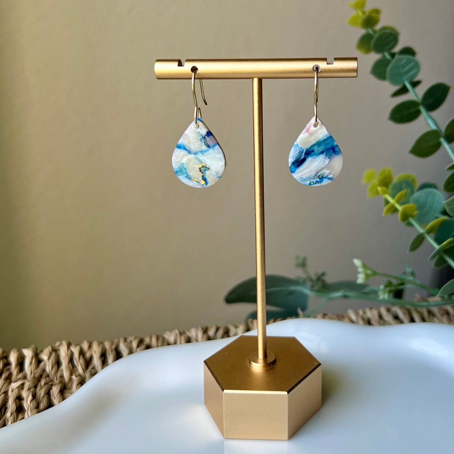 Coastal Blue Marbled Polymer Clay Dangle Earrings
