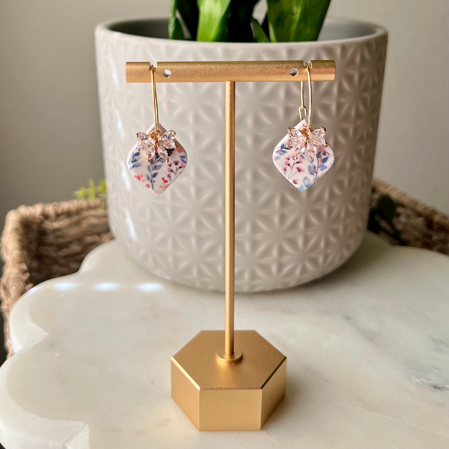 Wildflower Bloom Polymer Clay Earrings with Cubic Zirconia Bow | Gold