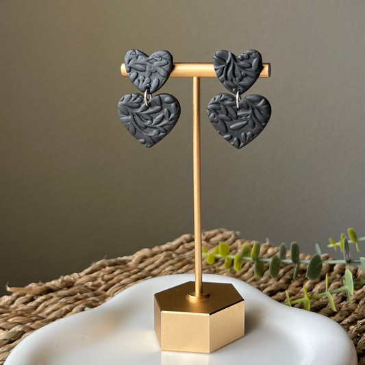 Black Floral Textured Heart Polymer Clay Dangle Earrings