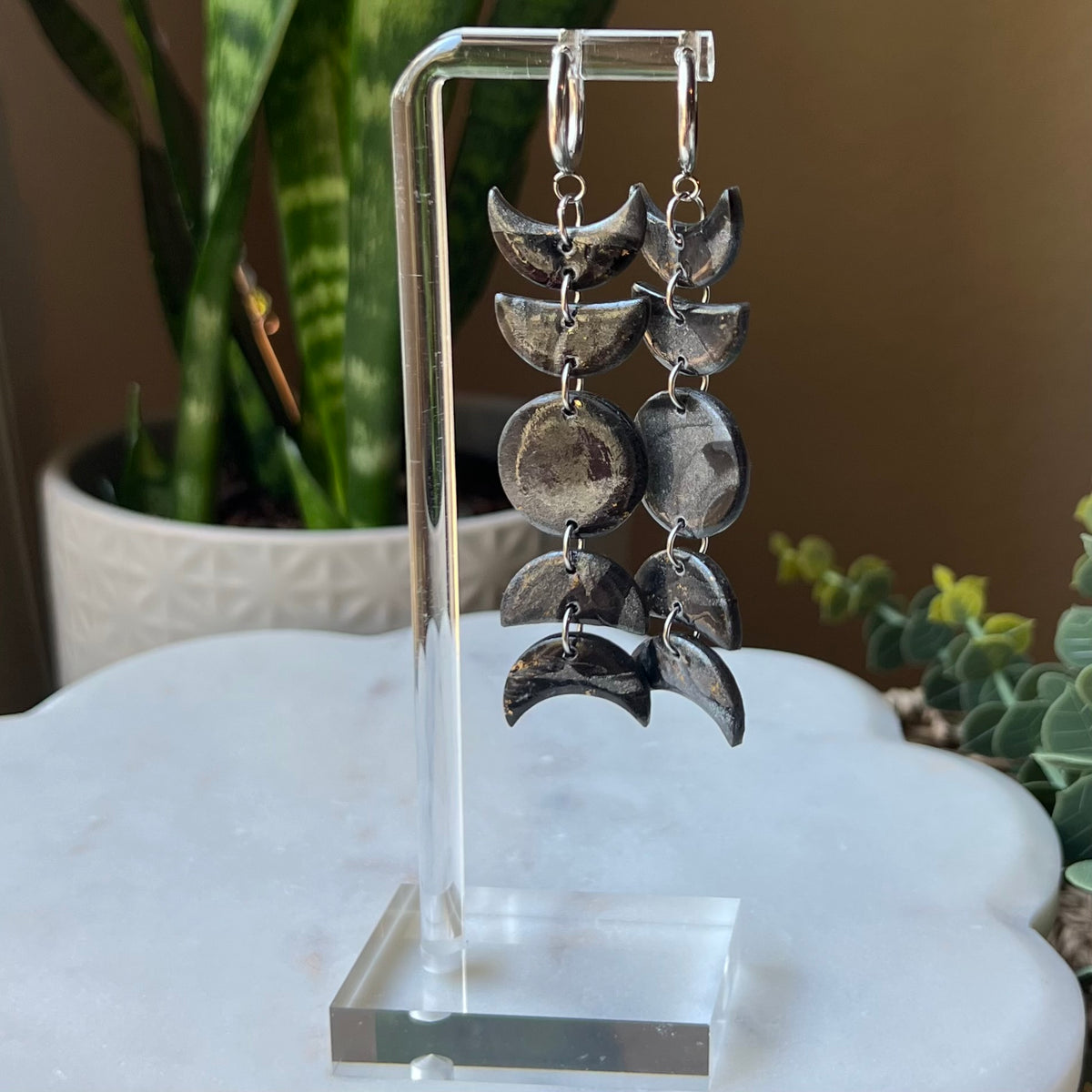 Black Marbled Moon Phase Polymer Clay Dangle Earrings