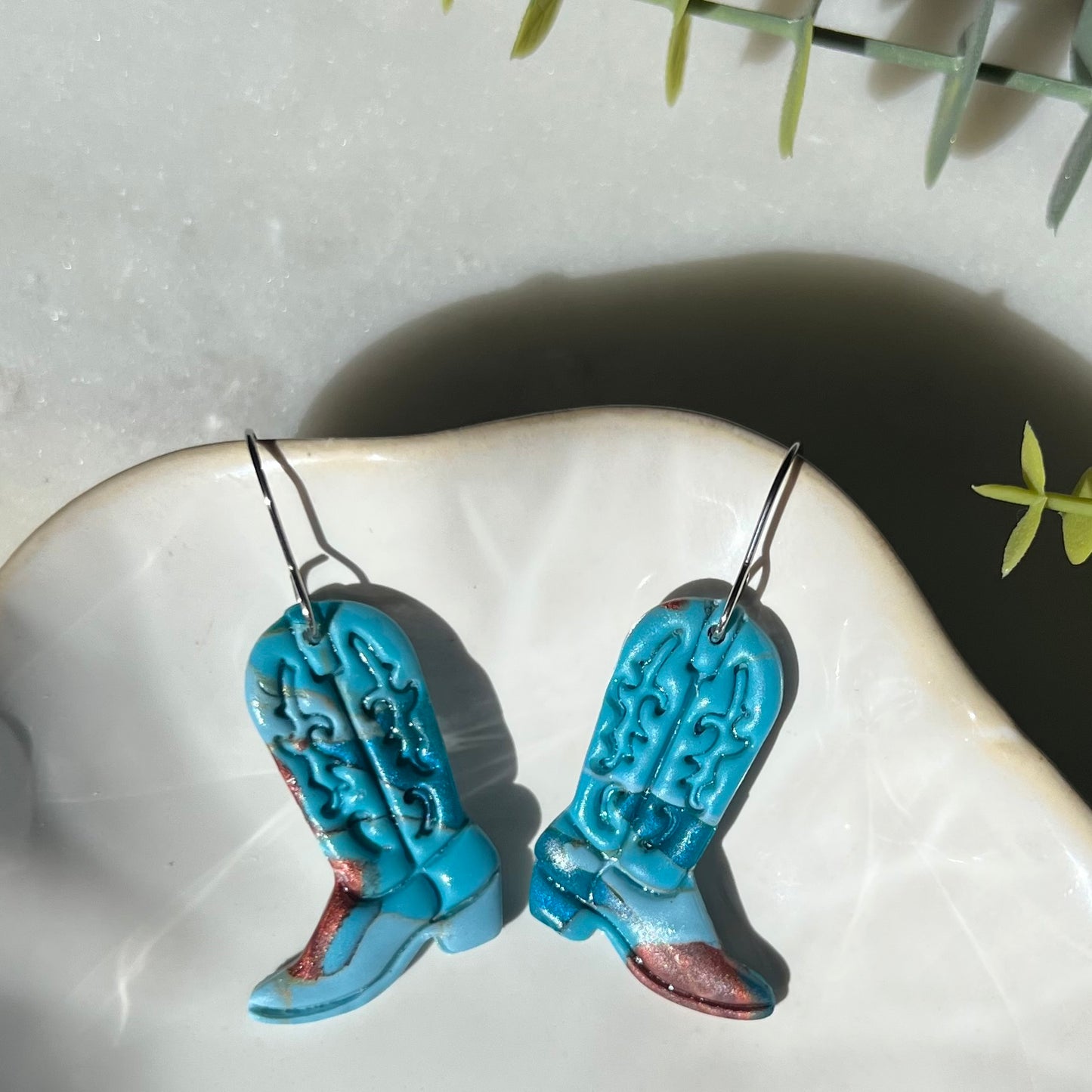 Turquoise Stone inspired Cowboy Boots Polymer Clay Earrings, lightweight dangles, western style