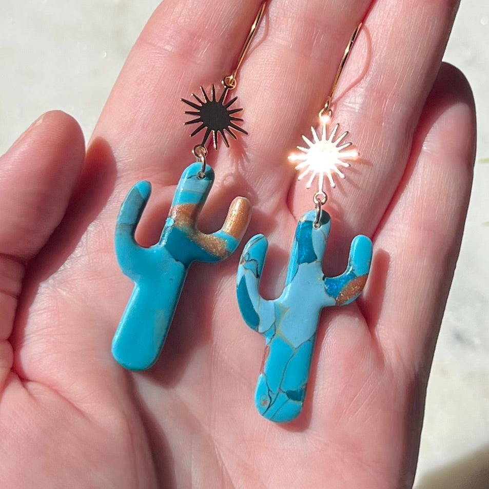 Cactus Turquoise Stone inspired Polymer Clay Earrings with brass sunburst, lightweight dangles, western style