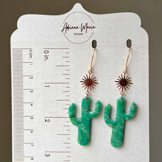Green Marbled Cactus Polymer Clay Earrings with Sunburst accents, lightweight dangles